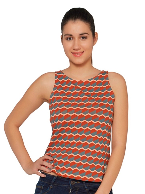 

CULT FICTION Women Peach-Coloured & international orange Checked T-shirt