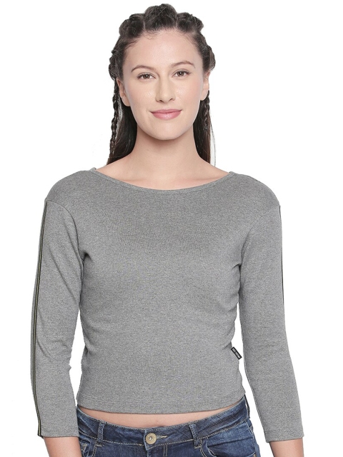 

CULT FICTION Women Grey Melange & dark gray Henley Neck Slim Fit T-shirt