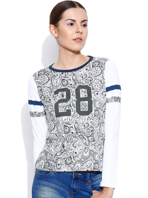

CULT FICTION Women White & ghost white Varsity Printed Applique T-shirt
