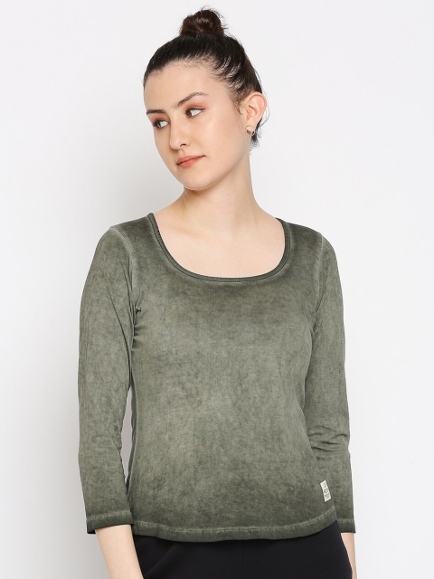 

CULT FICTION Women Olive Green & pussywillow gray Raw Edge T-shirt