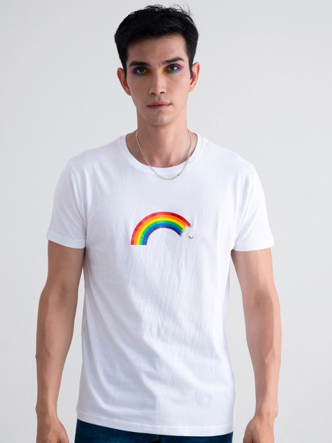 

Snitch Men White & lavender Typography Printed Raw Edge Slim Fit T-shirt
