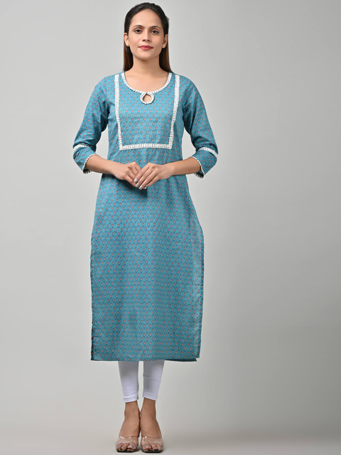 

Swasti Women Teal Geometric Embroidered Thread Work Floral Kurta