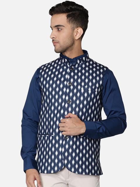 

Callino London Men Navy Blue Woven Design Cotton Linen Nehru Jacket