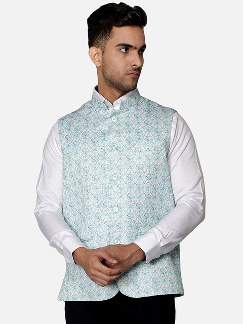 

Callino London Men Blue Printed Mandarin Collar Waistcoat