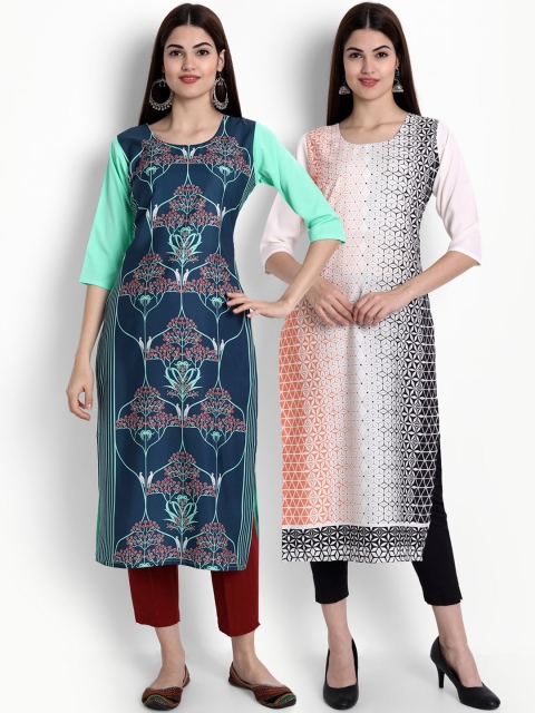 

KALINI Women Multicoloured Ethnic Motifs Printed Flared Sleeves Thread Work Crepe Kurta, Multi