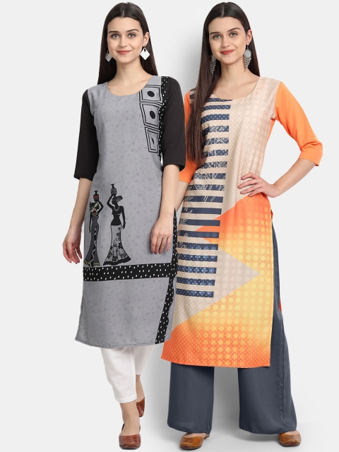 

KALINI Women Multicoloured Floral Printed Thread Work Crepe Kurta, Multi