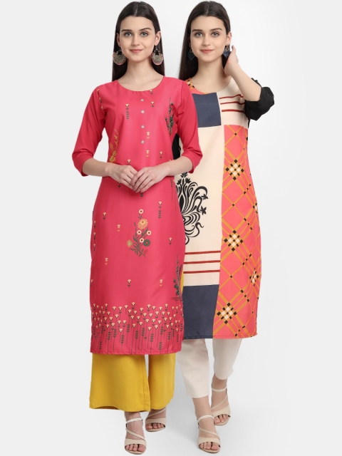 

KALINI Women Multicoloured Geometric Printed Flared Sleeves Thread Work Crepe Kurta, Multi