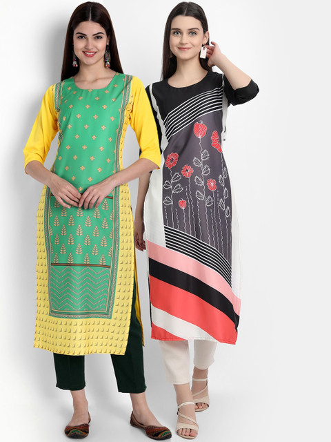 

KALINI Women Multicoloured Geometric Striped Keyhole Neck Thread Work Crepe Kurta, Multi