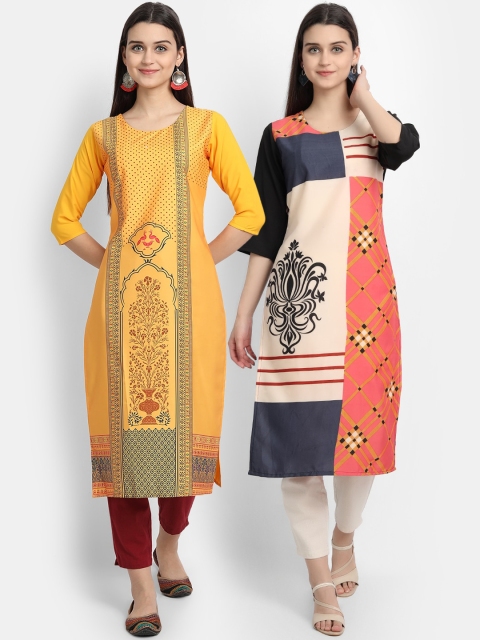 

KALINI Women Multicoloured Geometric Printed Flared Sleeves Thread Work Crepe Kurta, Multi