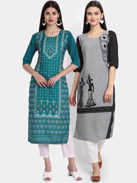 

KALINI Women Multicoloured Floral Printed Thread Work Crepe Kurta, Multi