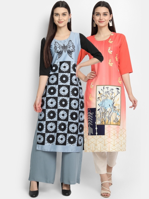 

KALINI Women Multicoloured Ethnic Motifs Printed Cold-Shoulder Sleeves Thread Work Crepe Kurta, Multi