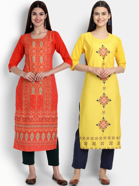 

KALINI Women Multicoloured Ethnic Motifs Printed Thread Work Crepe Kurta, Multi