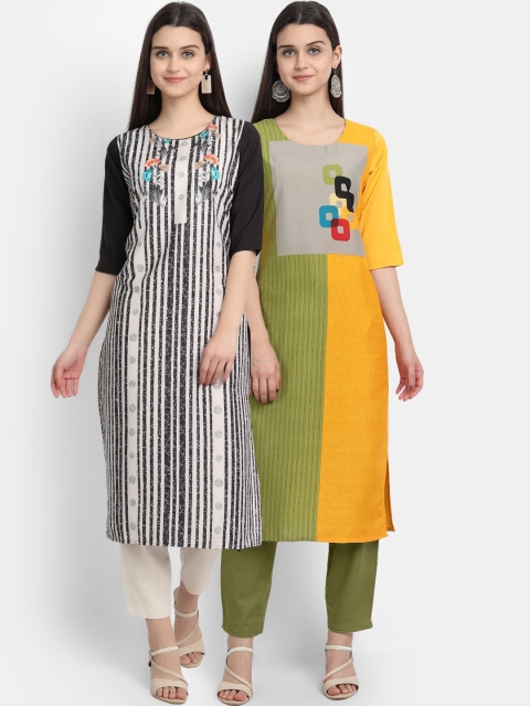

KALINI Women Multicoloured Striped Thread Work Crepe Kurta, Multi