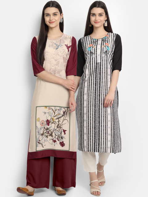 

KALINI Women Multicoloured Striped Thread Work Crepe Kurta, Multi