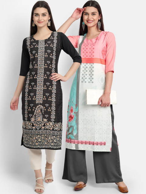 

KALINI Women Multicoloured Geometric Printed Mirror Work Crepe Kurta, Multi