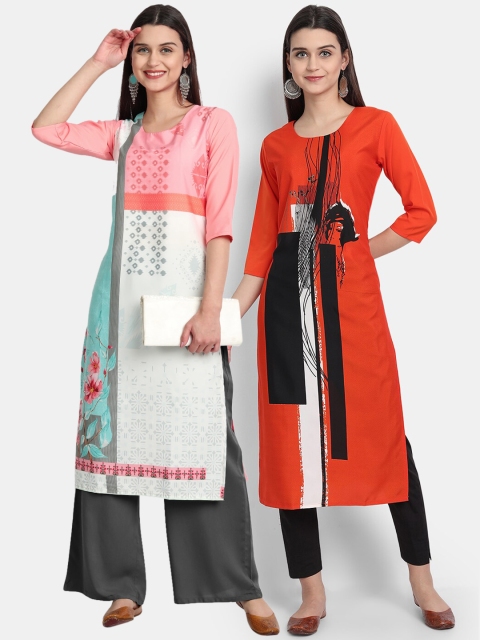 

KALINI Women Multicoloured Geometric Printed Mirror Work Crepe Kurta, Multi