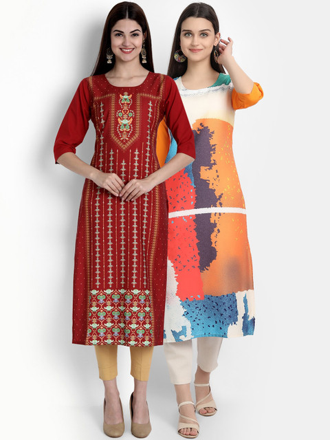 

KALINI Women Multicoloured Printed Thread Work Crepe Kurta, Multi