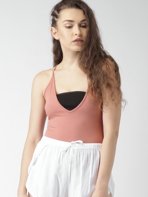 

FOREVER 21 Peach Self-Striped Bodysuit