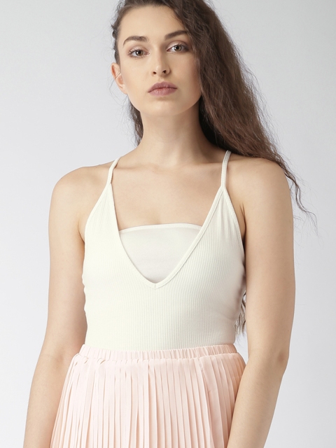 

FOREVER 21 Women White Self-Striped Bodysuit