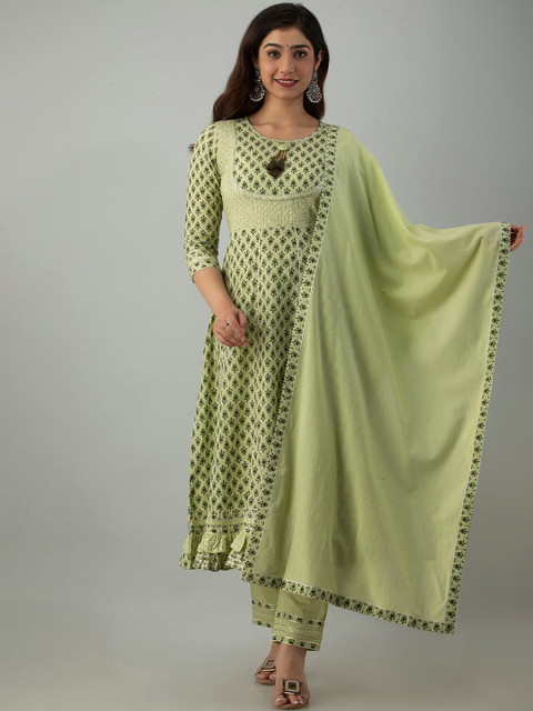 

CKM Women Green Printed Panelled Sequinned Pure Cotton Kurti with Salwar & With Dupatta