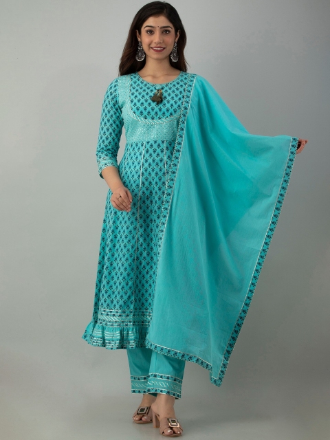 

CKM Women Turquoise Blue Layered Sequinned Pure Cotton Kurti with Trousers & With Dupatta