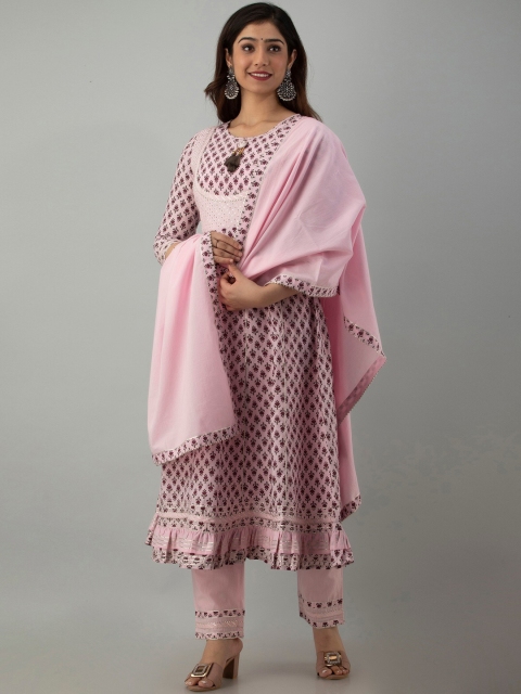 

CKM Women Pink Ethnic Motifs Printed Sequinned Pure Cotton Kurti with Churidar & With Dupatta