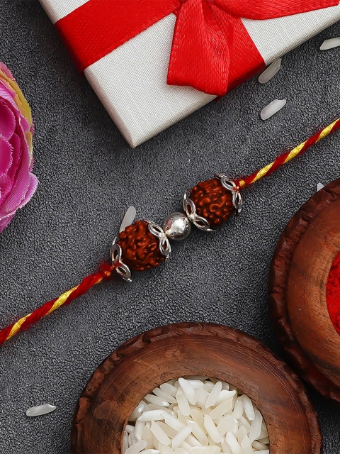 

eCraftIndia Brown & Silver-Toned Rudraksha Beaded Rakhi