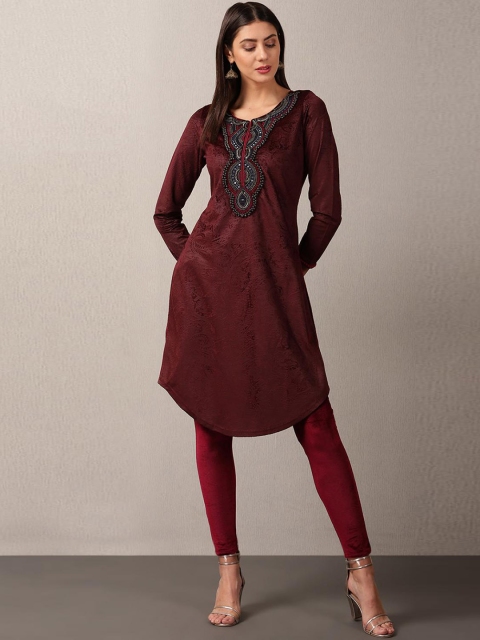 

Lakshita Women Maroon Yoke Design Flared Sleeves Thread Work Velvet Kurta