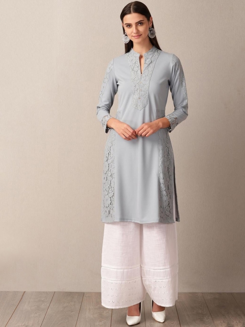 

Lakshita Women Blue Geometric Checked Keyhole Neck Thread Work Kurta