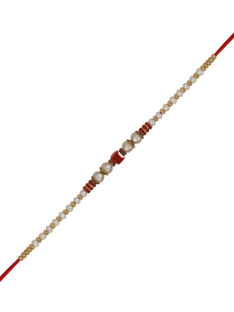 

Arendelle Men Gold-Plated White & Red Pearl-Beaded Rakhi