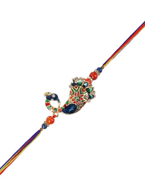

Arendelle Gold-Plated Multicoloured Peacock Shaped Rakhi, Multi
