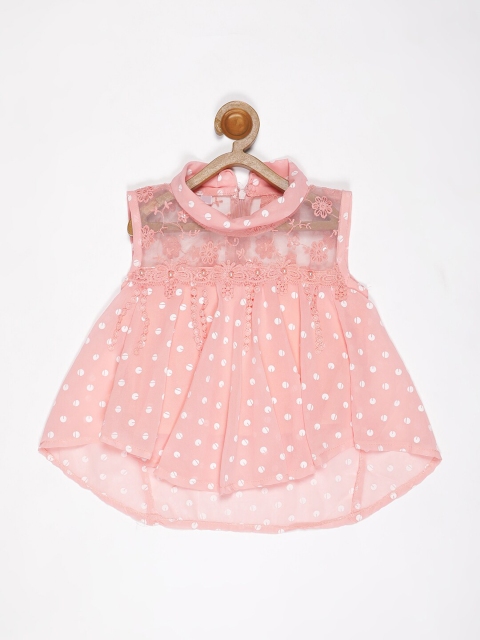 

V2 Value & Variety Peach-Coloured & impatiens pink Print Mandarin Collar Net Shirt Style Top