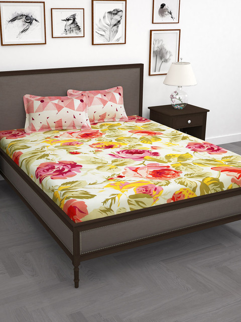 

Story@home Cream-Coloured & Pink Cotton 250 TC Fine Double Bedsheet with 2 Pillow Covers