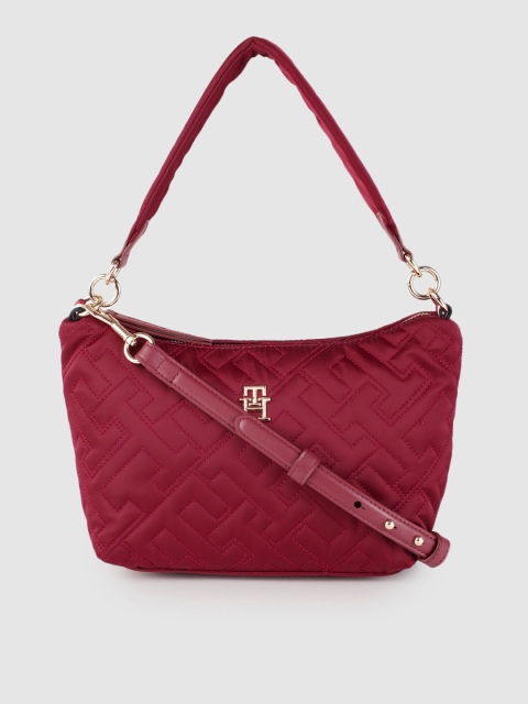 

Tommy Hilfiger Red Brand Logo Self Design Structured Hobo Bag with Quilted Detail
