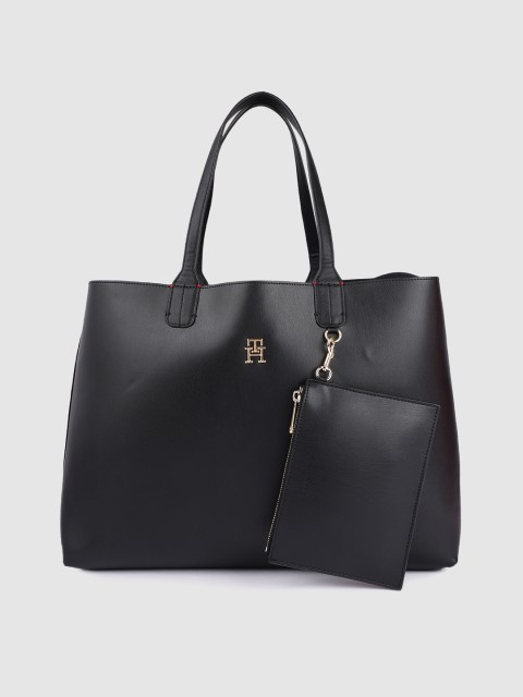 

Tommy Hilfiger Black Solid PU Oversized Structured Tote Bag with Pouch