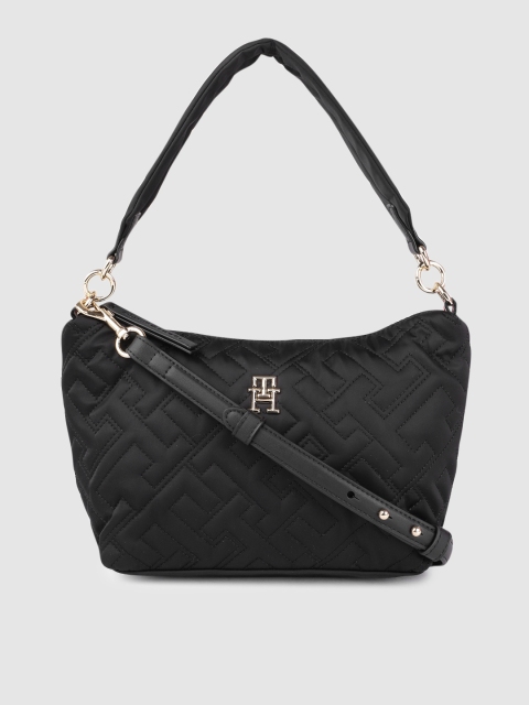 

Tommy Hilfiger Black Brand Logo Self Design Structured Hobo Bag with Quilted Detail