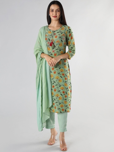 

taruni Women Green Floral Printed High Slit Kurta with Trousers