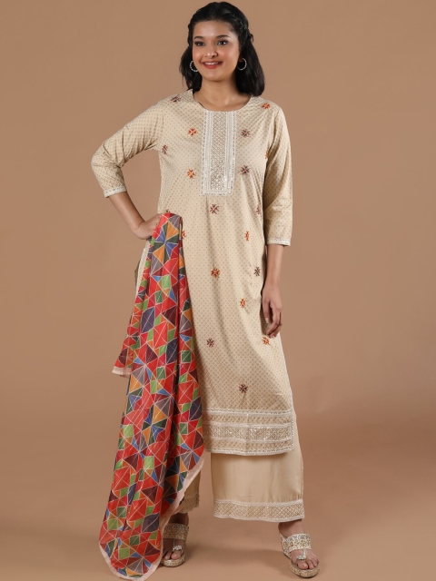 

taruni Women Beige Striped Angrakha Pure Cotton Top with Trousers