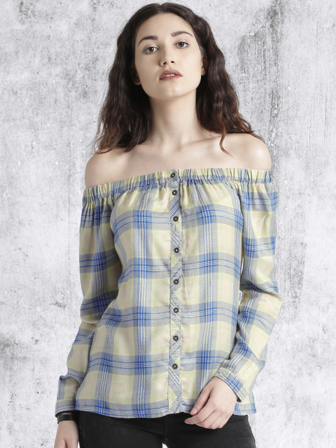 

Roadster Women Blue & Green Lightweight Checked Bardot Top