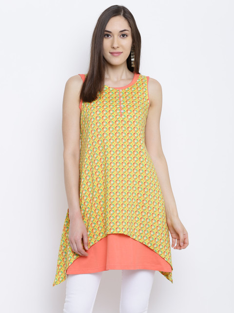 

Rangriti Women Yellow & Coral Orange Printed Layered Asymmetric A-Line Kurta