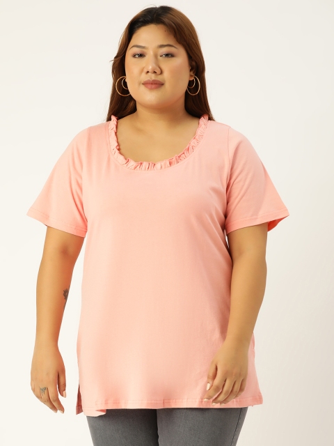 

Revolution Women Plus Size Peach-Coloured Solid Pure Cotton T-shirt