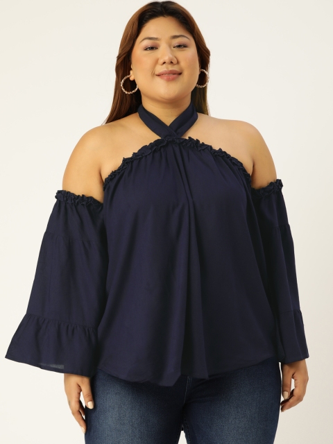 

Revolution Plus Size Navy Blue Halter Neck Ruffles Longline Top