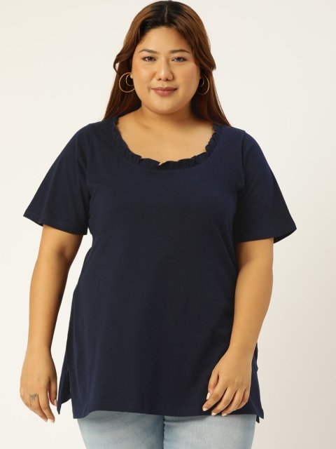 

Revolution Women Plus Size Navy Blue Solid Pure Cotton T-shirt