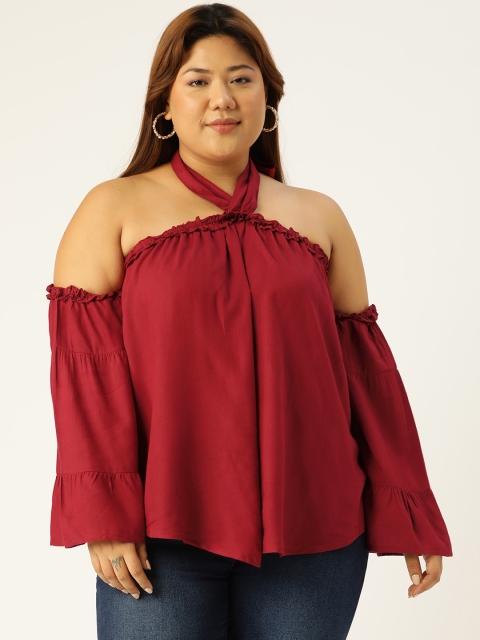 

Revolution Plus Size Maroon Halter Neck Ruffles Longline Top