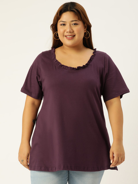 

Revolution Women Plus Size Purple Solid Pure Cotton T-shirt