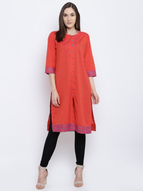 

Rangriti Women Coral Red Solid Straight Kurta