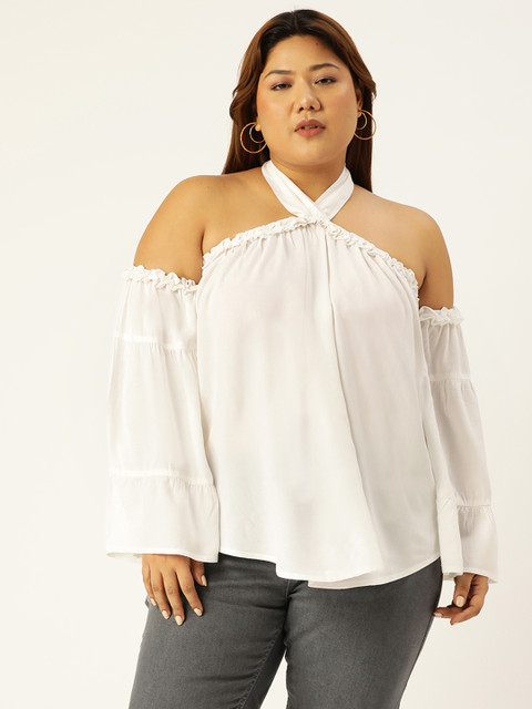 

Revolution Plus Size White Solid Halter Neck Bardot Top
