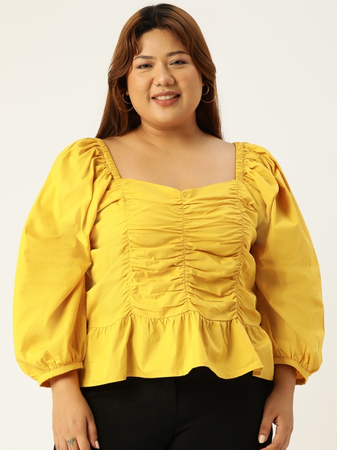 

Revolution Plus Size Mustard Yellow Solid Ruched Peplum Top