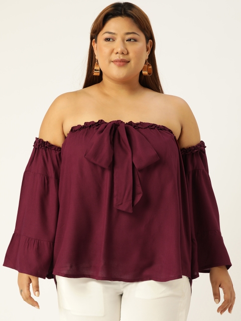 

Revolution Plus Size Burgundy Off-Shoulder Ruffles Bardot Longline Top