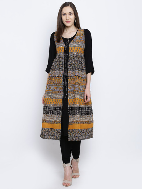 

Rangriti Women Black & Mustard Yellow Printed Layered A-Line Kurta